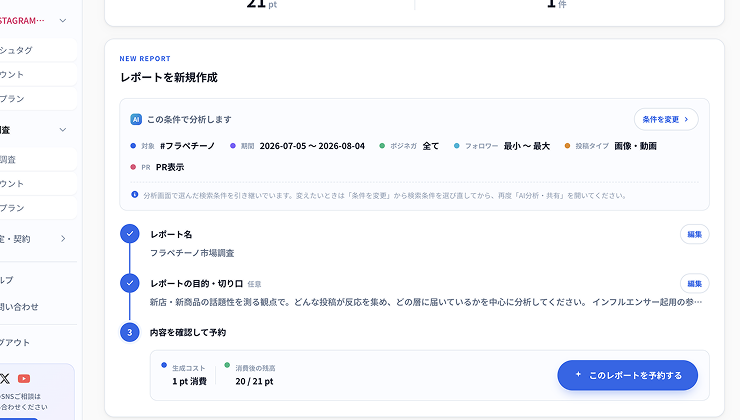 Social Reportの分析画面にある「AI分析・共有」ボタンからレポート生成を予約する画面